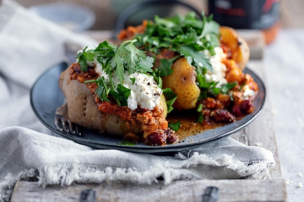 Free photo baked potato with vegetables and cottage cheese on top