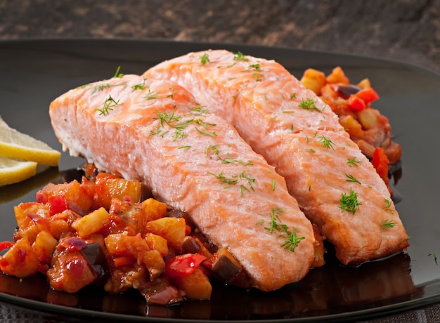 Baked salmon with vegetables ratatouille