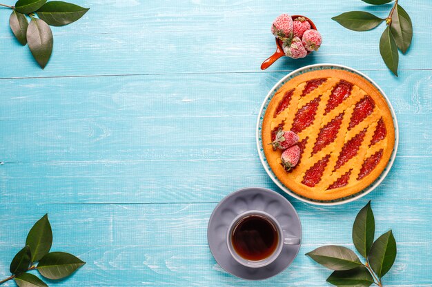 Baked strawberry jam pie cake sweet pastry top view