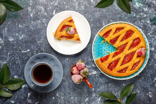 Baked strawberry jam pie cake sweet pastry top view