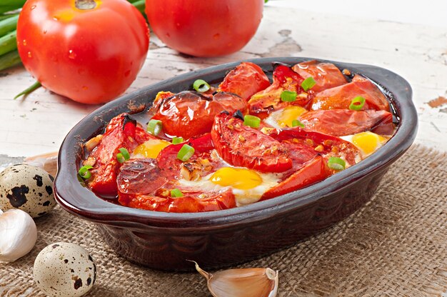 Baked tomatoes with garlic and eggs decorated with green onions