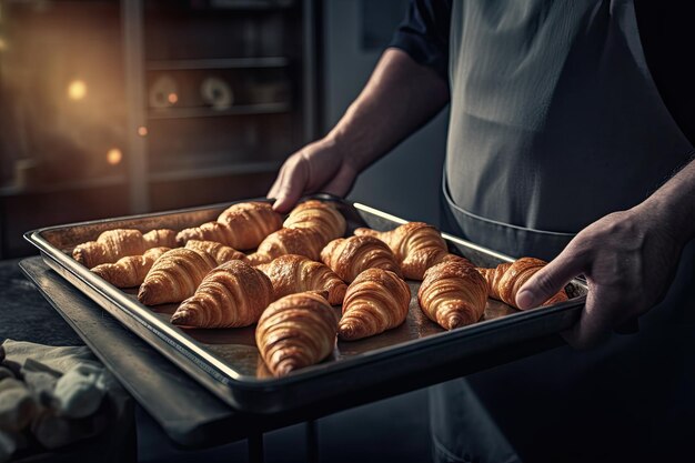 창문에서 나오는 사랑스러운 빛으로 빛나는 신선한 크루아상으로 가득 찬 금속 쟁반을 들고 있는 제빵사 Ai generative
