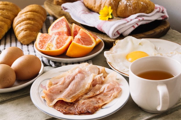 Bakery and bacon with eggs