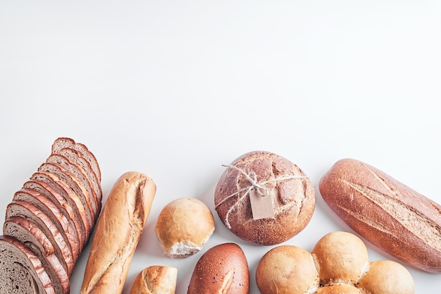 Bakery products on white table.