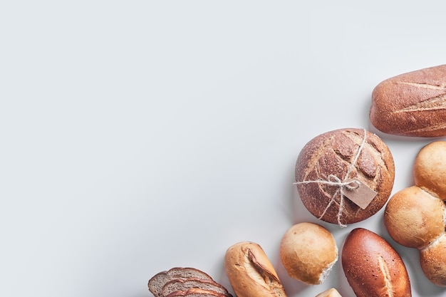 Bakery products on white table.