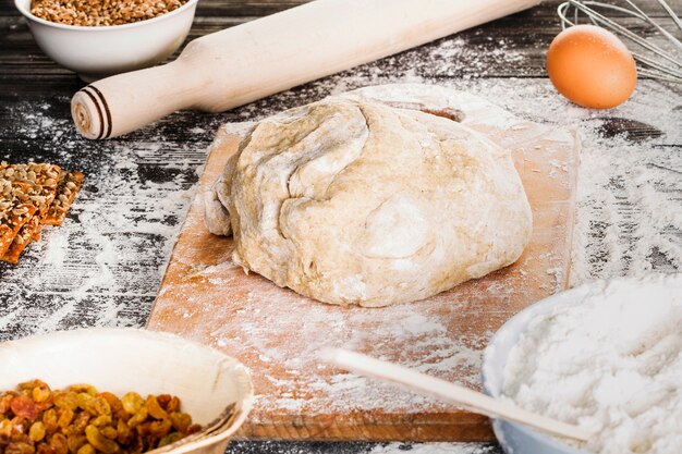 Baking bread ingredients on kitchen table