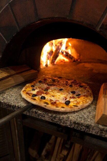 Baking delicious pizza with wood fired oven