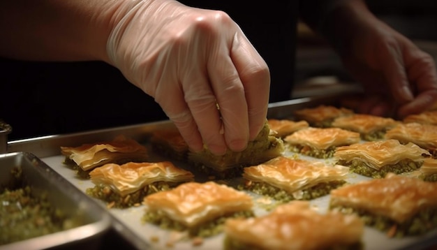 Free photo baklava slice stuffed with sweet dough and honey generated by ai