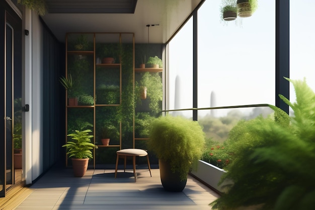 A balcony with plants and a window that says'green '