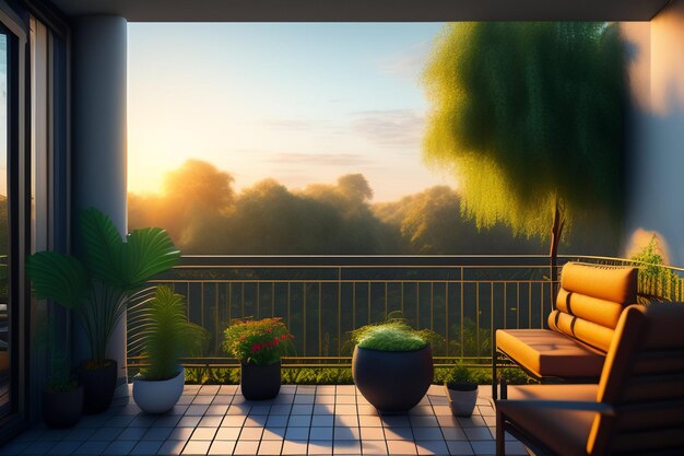 A balcony with a view of the sunset