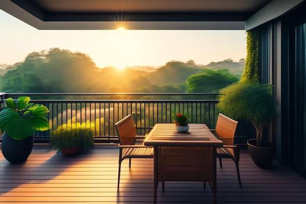 A balcony with a view of the sunset