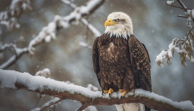 雪の枝にとまるハクトウワシ生成AI