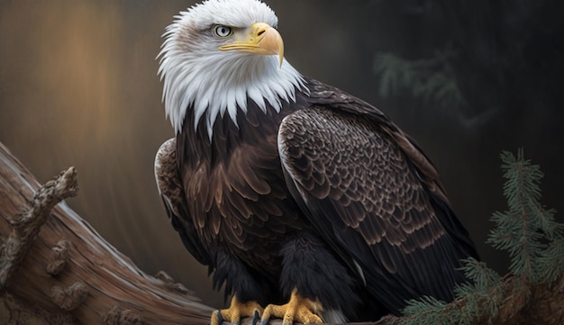 A bald eagle sits on a branch with a dark background.