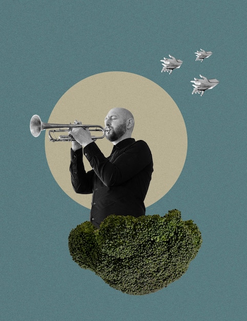 Bald man playing trumpet