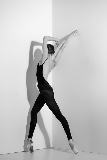 Ballerina in black outfit posing on pointe shoes, studio.