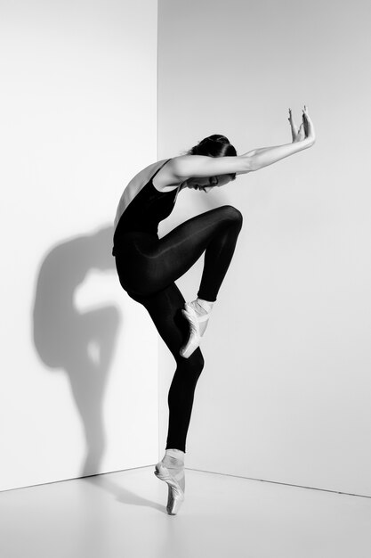 Ballerina in black outfit posing on pointe shoes