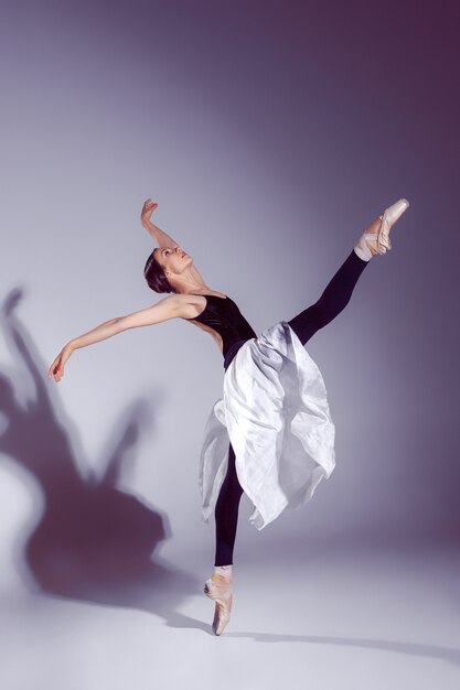 Ballerina in black outfit posing on toes, studio background.