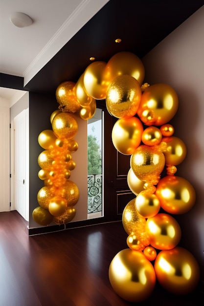 Free photo a balloon arch with gold balloons on it