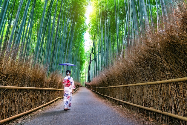 竹林。日本の京都の竹林で日本の伝統的な着物を着ているアジアの女性。