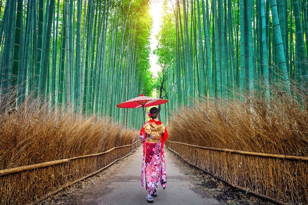 Бамбуковый лес. Азиатская женщина в традиционном японском кимоно в бамбуковом лесу в Киото, Япония.
