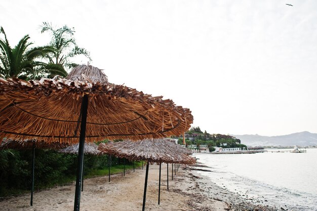 Bamboo and reed straw beach umbrellas