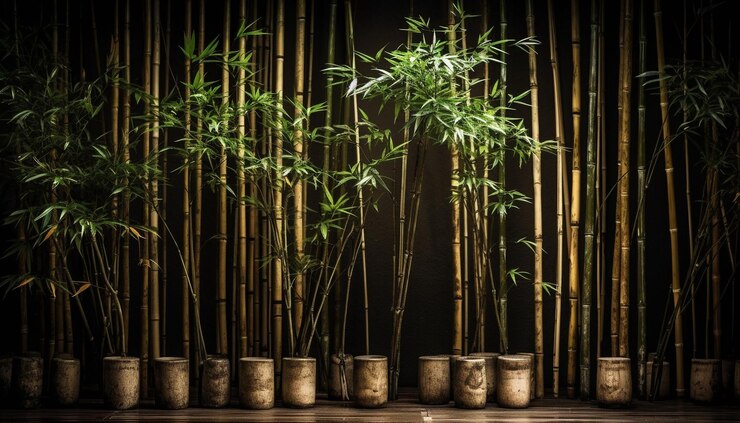 Free Photo bamboo shoots emerge vibrant green against the darkness generated by ai