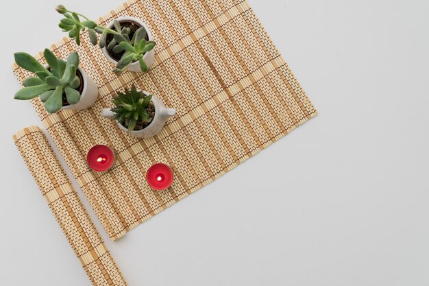 Bamboo table runner with plants and candles