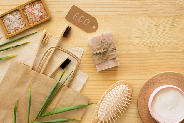 Bamboo toothbrushes and soap top view