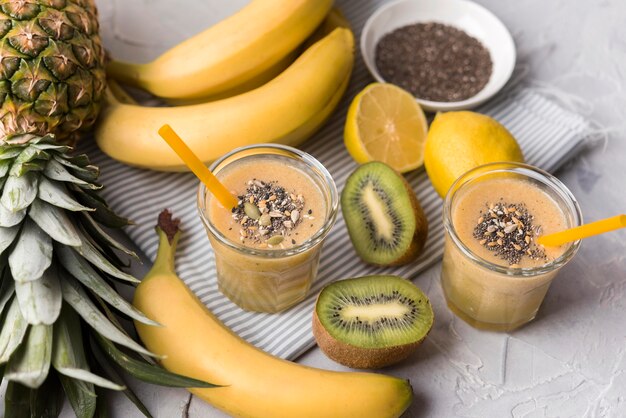 Banana and kiwi smoothies high angle