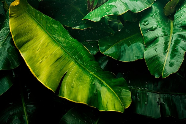 Foto gratuita foglie di banana con gocce d'acqua