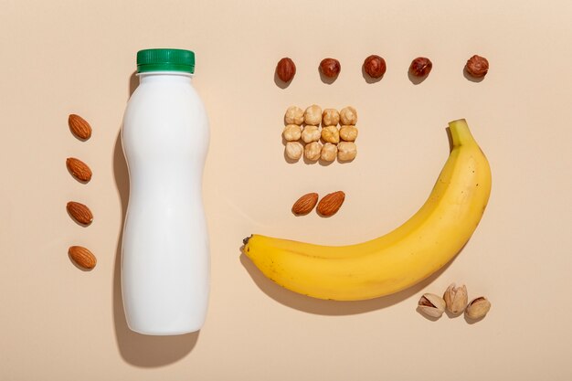 Banana, nuts and yogurt arrangement