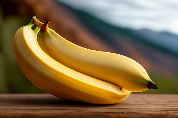 Bananas on a table with a mountain in the background