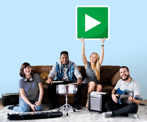 Band of musicians holding a play button icon