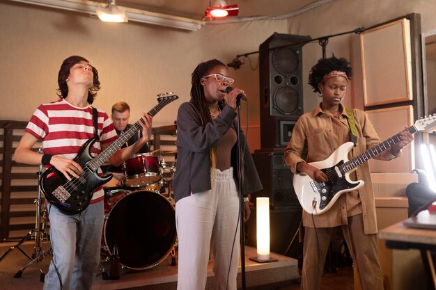 Band of musicians playing music at a local event