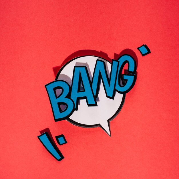 Bang text on white speech bubble pop art style against red background