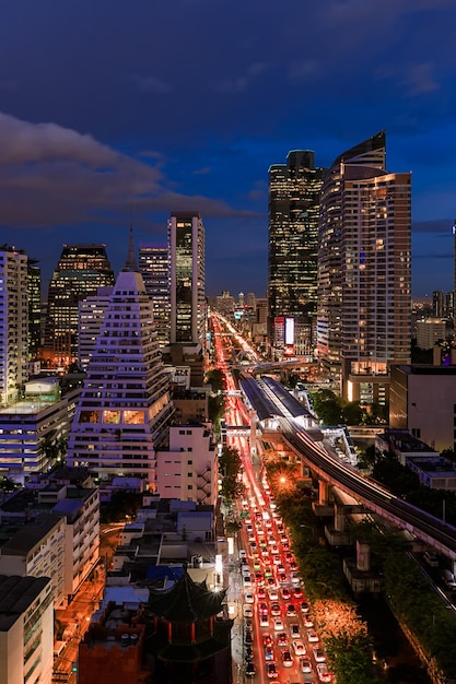 Bangkok business district cityscape with skyscraper at twilight Thailand