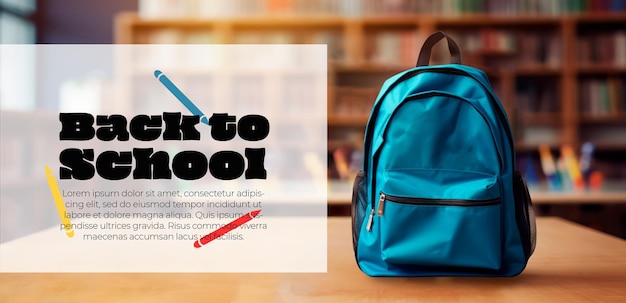 Free photo banner of blue backpack with text on blurred library background