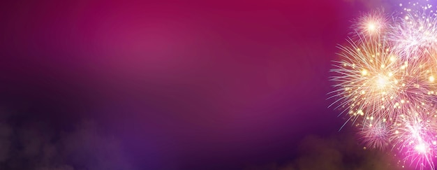 Знамя фестивального фейерверка. яркие огни крекеров в ночном небе, фейерверк и традиционный фон праздника. абстрактный фон золотой, черный и синий глиттер с фейерверком.