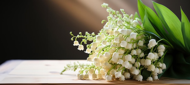 Banner with a bouquet of lilies of the valley on a wooden table natural light and free space