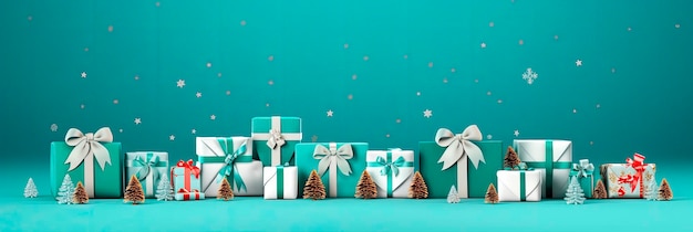 Banner with many gift boxes tied velvet ribbons and paper decorations on turquoise background. Christmas background