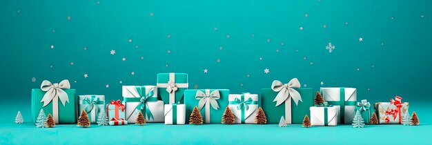 Banner with many gift boxes tied velvet ribbons and paper decorations on turquoise background. Christmas background