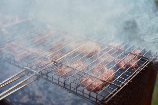 Barbecue in the forestshashlik at nature Process of cooking meat on barbecue closeup