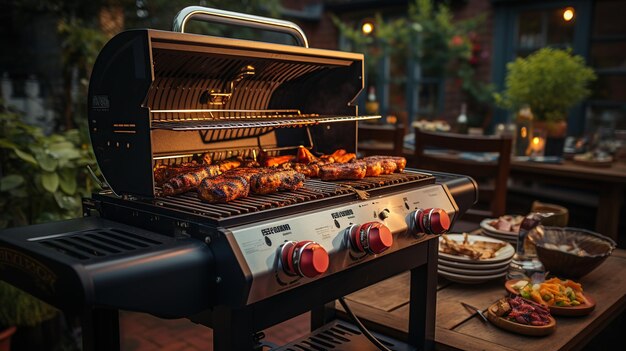 Barbecue grill with sausages on the terrace of a restaurant