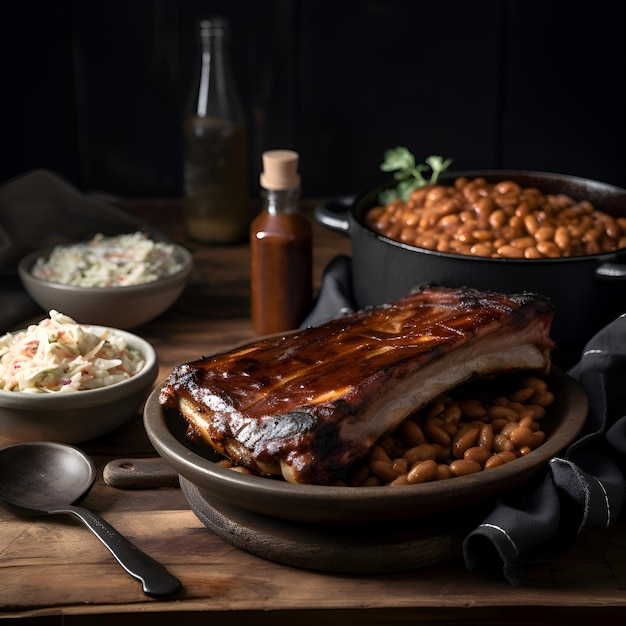 Free photo barbecue pork ribs with baked beans and coleslaw on wooden background