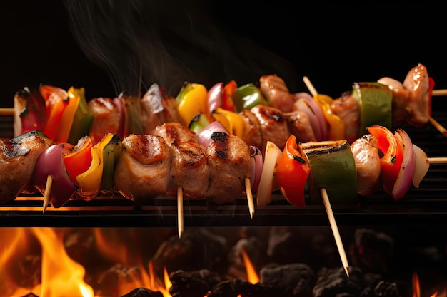 Barbecue skewers meat kebabs with vegetables on flaming grill Ai generative