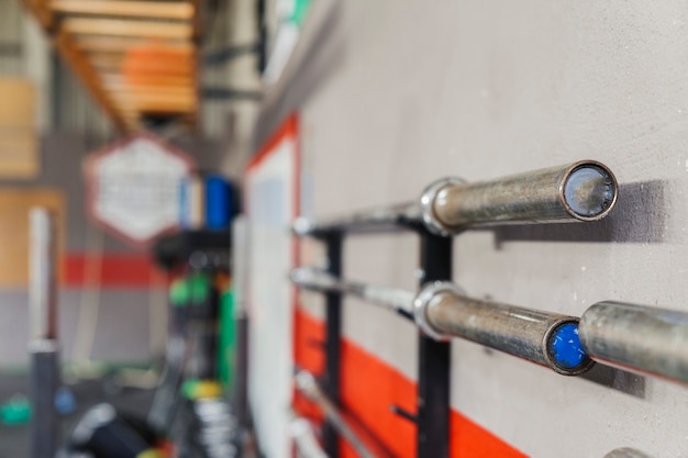 Barbells in gym