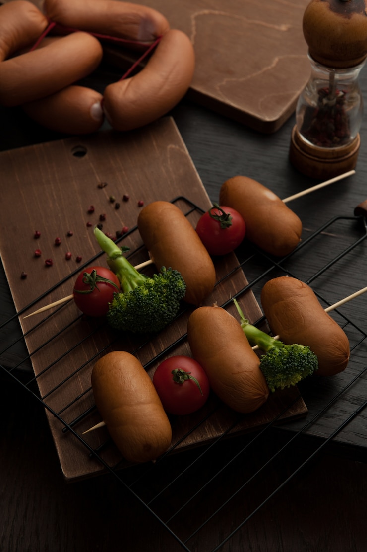 Free Photo barbequed sausages with broccoli and tomatoes
