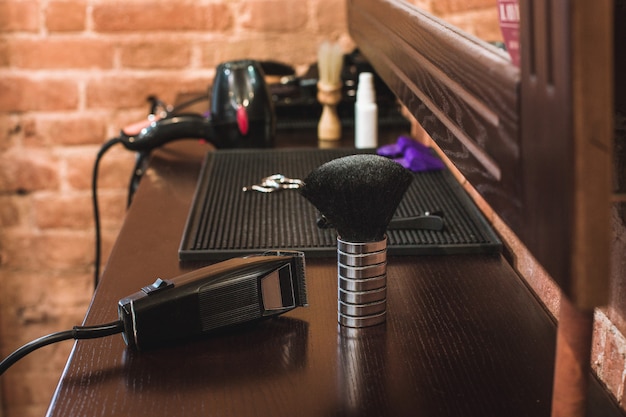 Barber shop equipment on wooden table