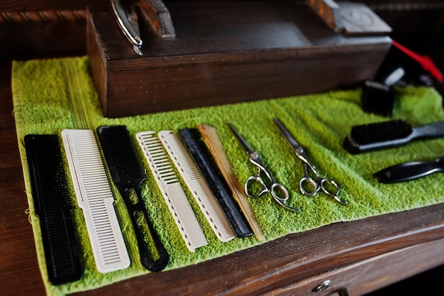 Barber tools on wooden background table