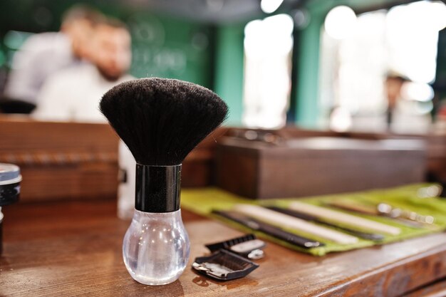 Barber tools on wooden background table